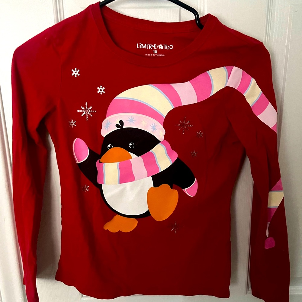 Limited Too Girls Long-sleeve Christmas Penguin Shirt
